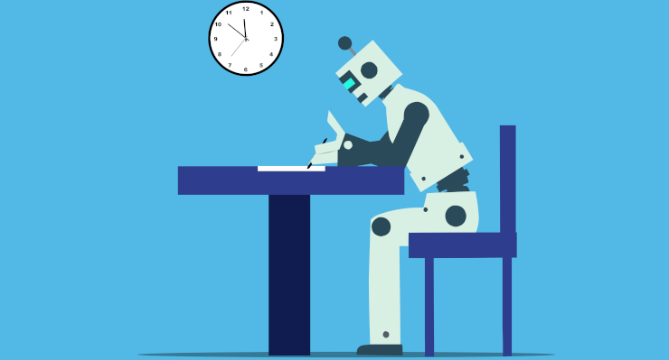 A clip-art-style image of a robot sitting at a desk writing, with a clock on the wall next to it