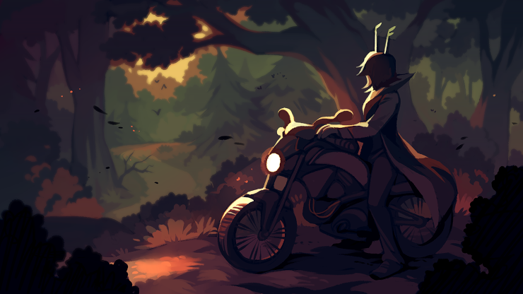 A screenshot of the visual novel, showing our protagonist Secily on her motorcycle, looking into a forest