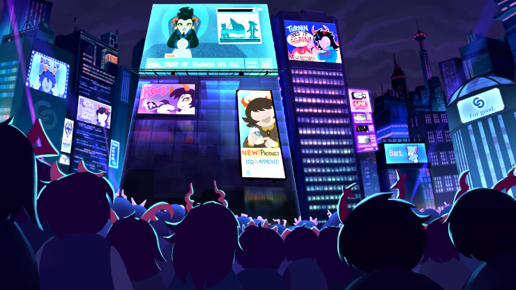 A screenshot of the visual novel, depicting downtown in "Stronghold 21," complete with widespread advertising