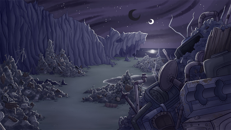 A screenshot of the visual novel, showing the moonlit "trash dunes" in the foreground, a cave entrance that resembles an open animal mouth in the background, and a dark ocean beyond that