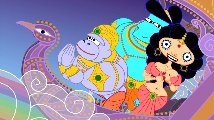 Sita, Rama, and Hanuman flying away