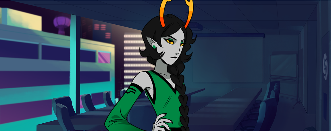 A cropped screenshot of the visual novel, showing a feminine troll character in a business suit, standing in a conference room