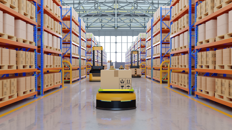 A generic warehouse with a robot carrying a package