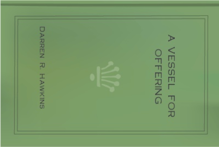 A plain green book cover with an abstract crown glyph