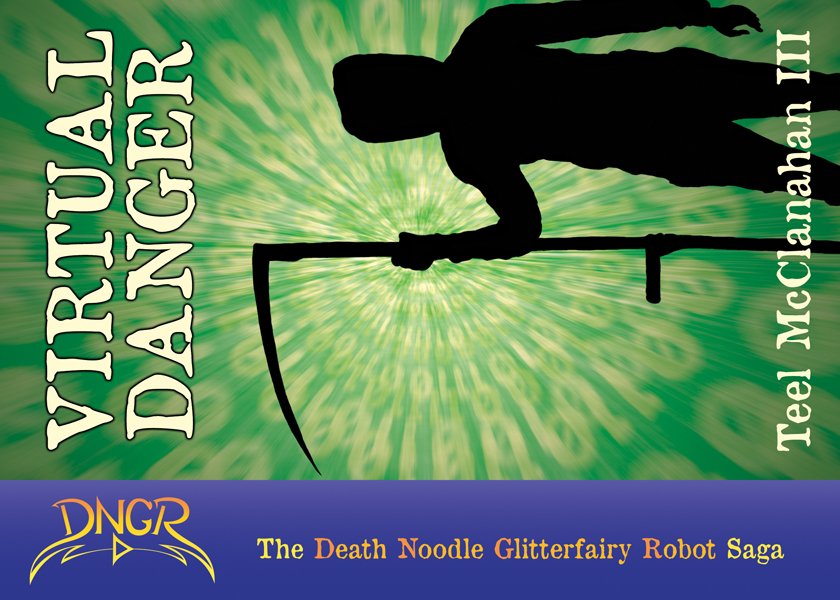 The cover for Virtual Danger, showing a Grim Reaper silhouette in front of a "digital" spiral