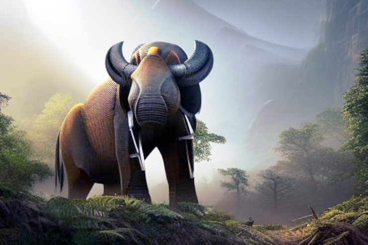 An AI-generated image of a brown and gray robot mastodon moving through a valley jungle