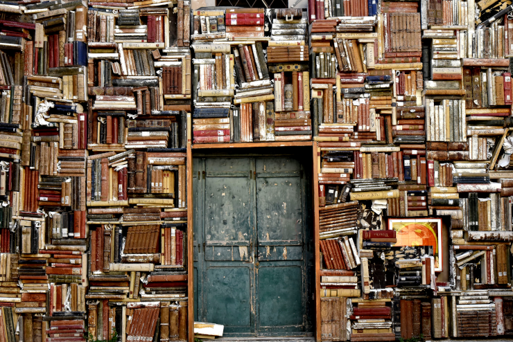 A tangle of bookshelves surrounding a door